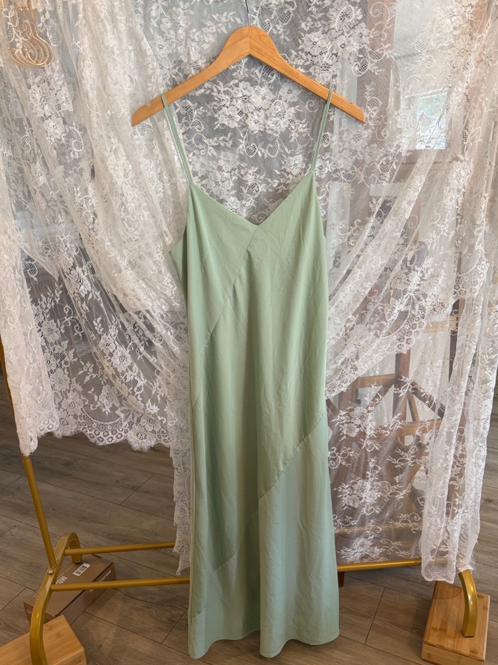 Hatch Sage Green Midi Slip Dress with Spaghetti Straps